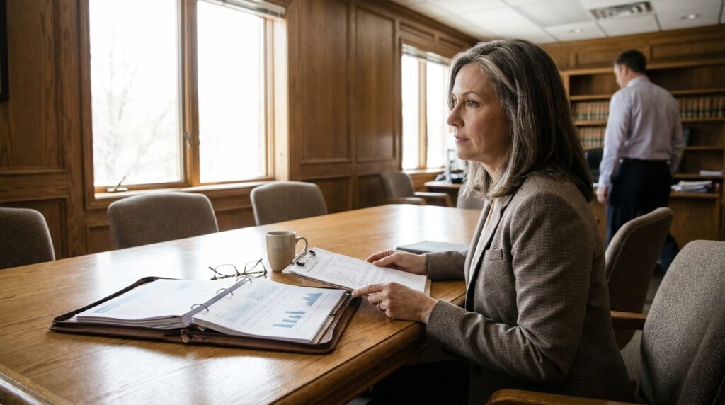 female attorney seated at conference table reviewing documents in wood-paneled law office
