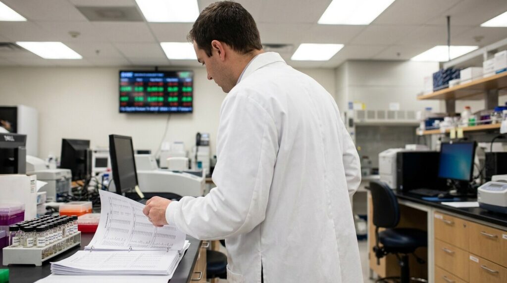 lab-coated professional reviewing binder documents surrounded by laboratory equipment and vials