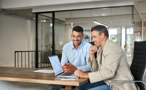 two professionals reviewing financial charts on laptop during office meeting