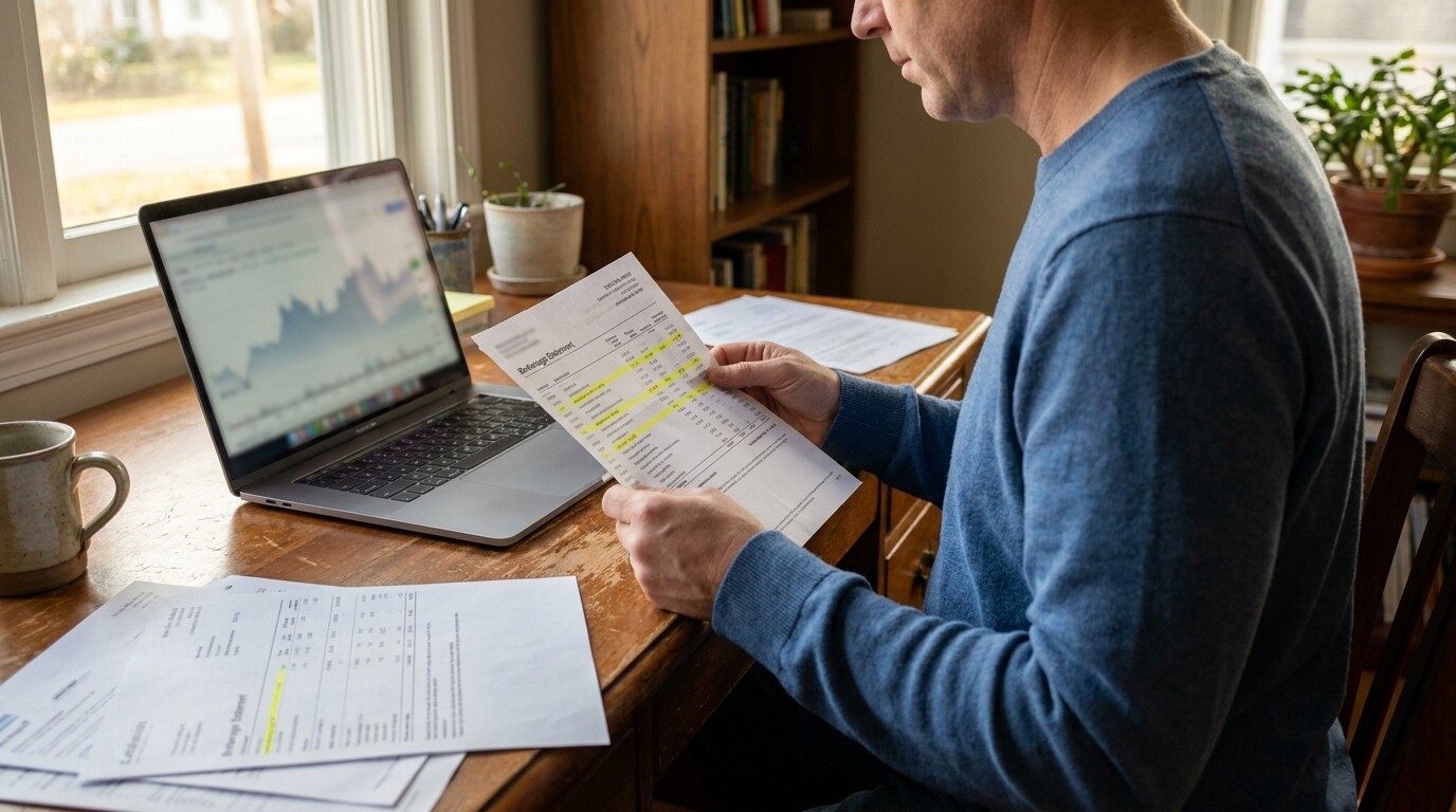 man reviewing highlighted brokerage statement documents beside open laptop displaying financial chart