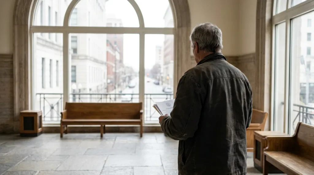 man holding legal documents standing in courthouse hallway with arched windows