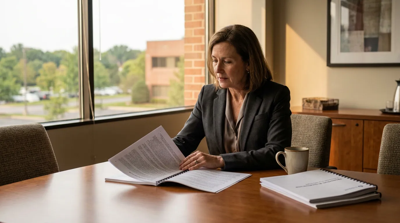 female attorney in blazer reviewing legal documents at conference room table