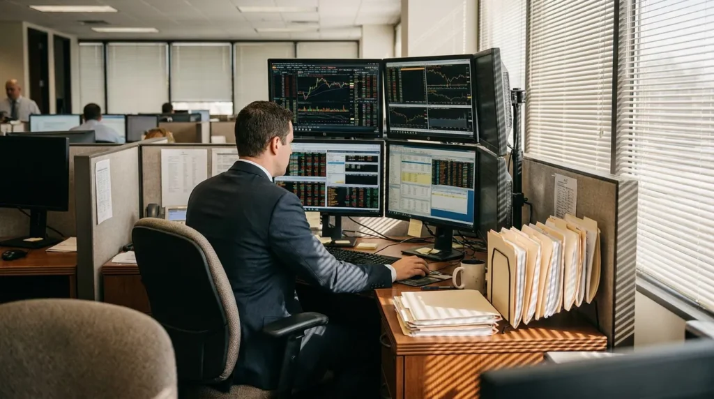 suited professional at desk monitoring multiple stock trading screens with case files