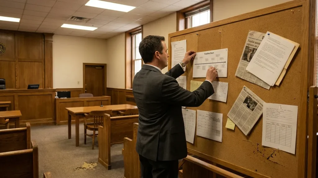attorney pinning timeline chart and documents to courtroom corkboard