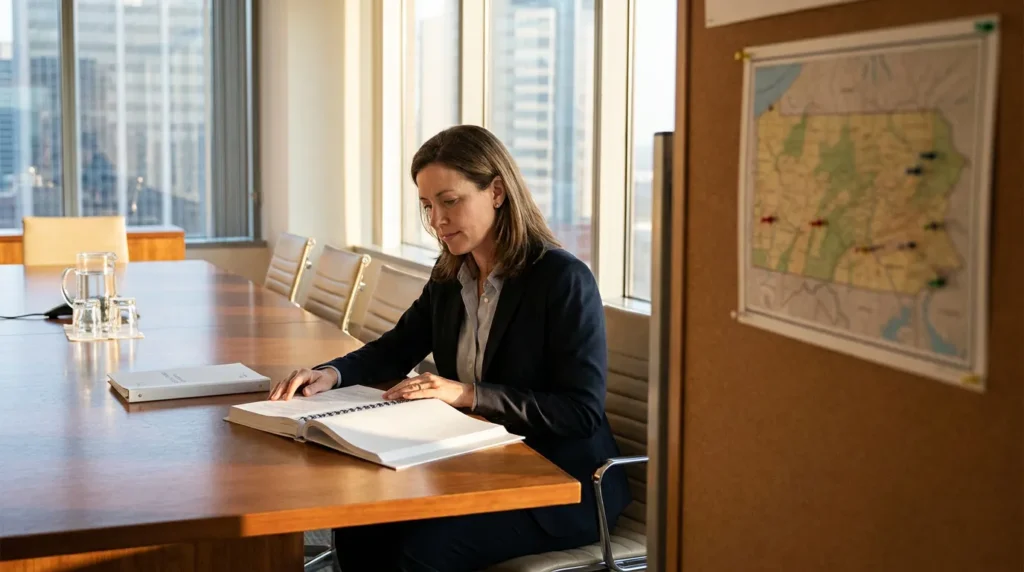 female attorney reviewing open binder at conference room table near pinned state map