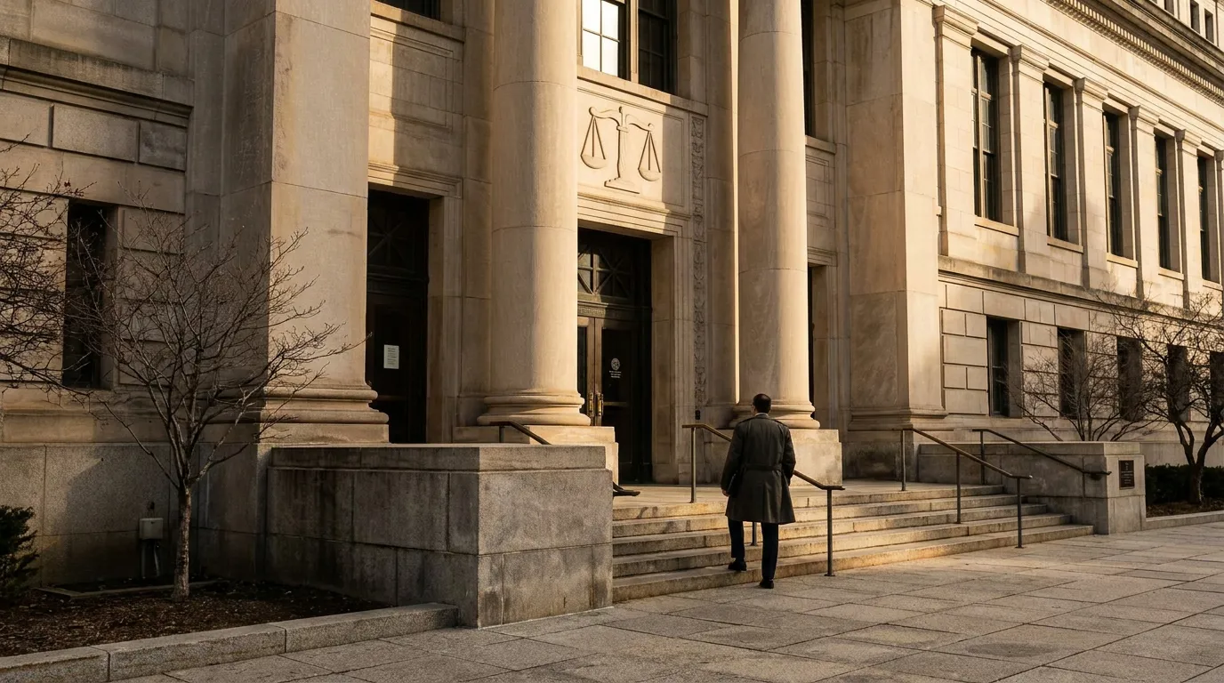 person in coat ascending steps of courthouse with carved scales of justice