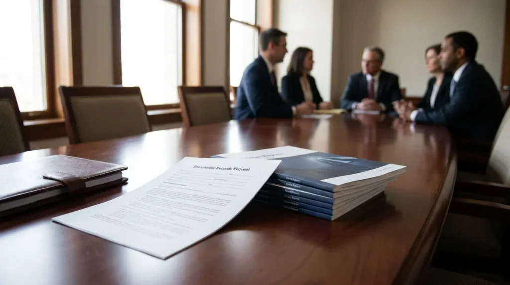 Shareholder Records Request form and Annual Reports on boardroom table during legal meeting