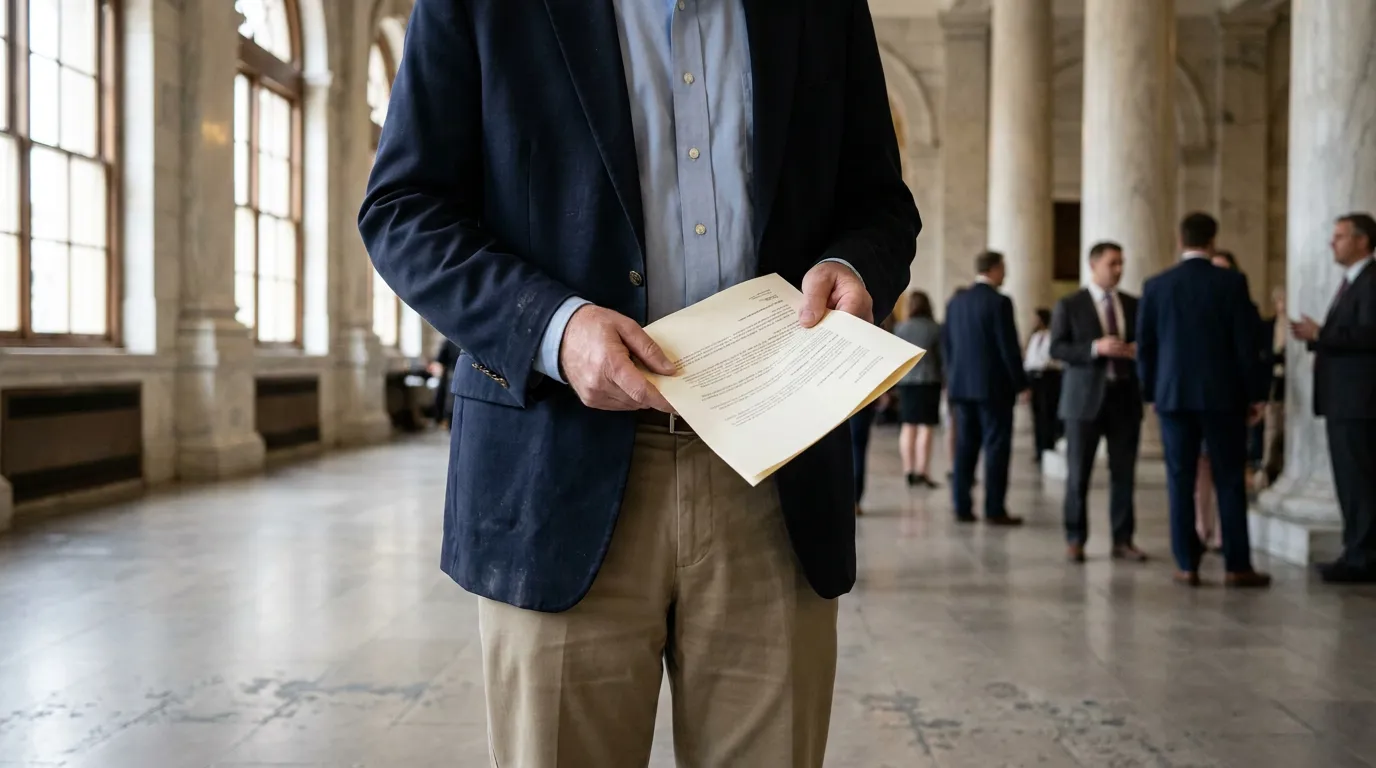 man in blazer holding legal documents inside marble courthouse hallway
