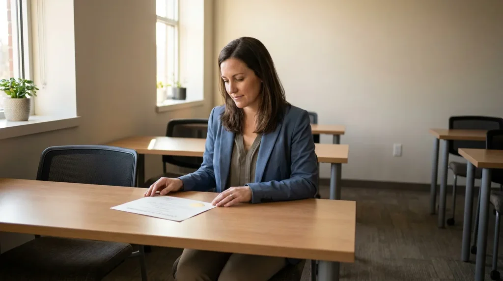 professional woman in blazer reviewing official document with seal at desk
