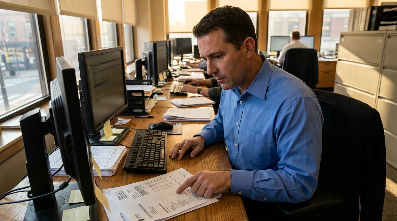 professional man reviewing printed documents at desk with computer monitors