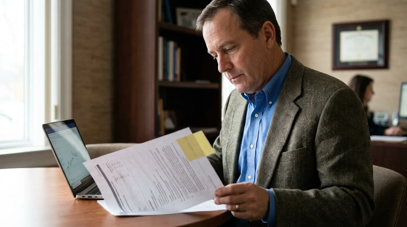attorney reviewing printed legal documents with sticky note at office desk