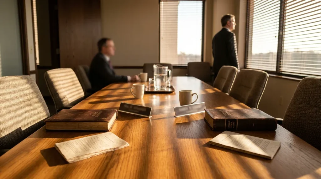 law books and open documents on conference room table with two attorneys