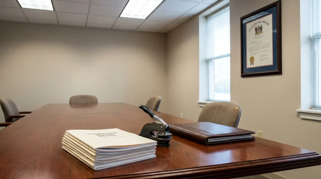 Stockholder meeting minutes documents and notary seal on conference room table