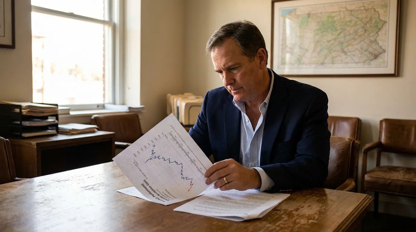 suited professional reviewing chart document at wooden desk in law office