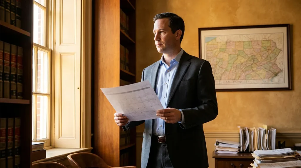 attorney holding legal documents in law office with bookshelves and framed map