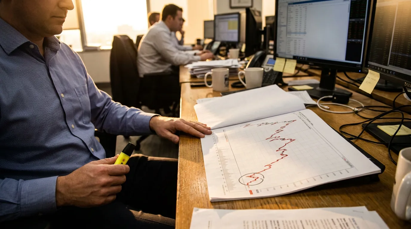 professional reviewing printed stock chart graph with highlighter at office desk