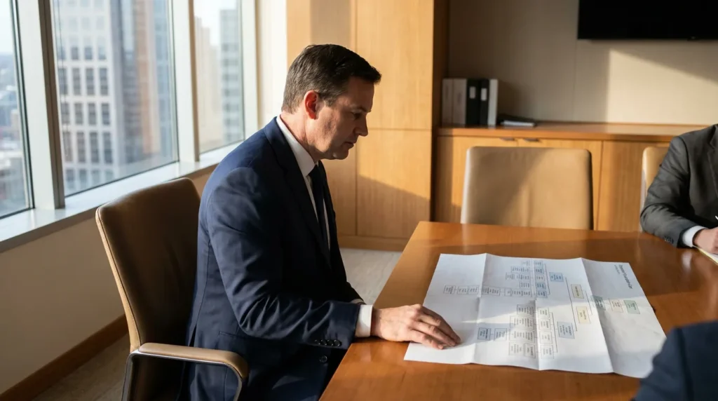 suited attorney reviewing large printed chart document at conference room table