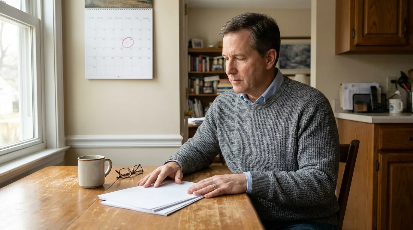 man sitting at kitchen table reviewing documents with wall calendar behind him