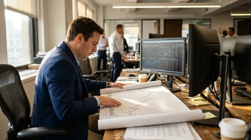 suited professional reviewing large printed financial chart at desk with stock monitor
