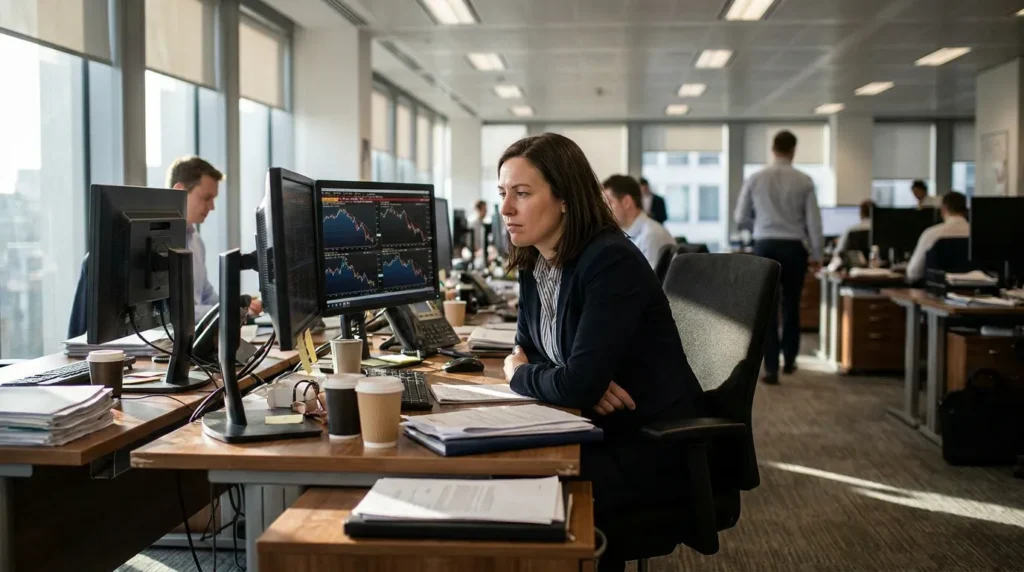 professional woman reviewing financial charts on dual monitors in busy open office