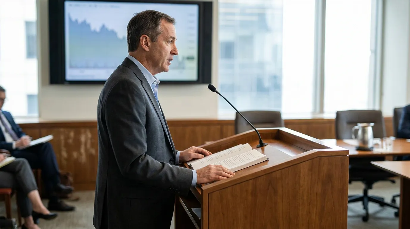 attorney speaking at podium with open document and financial chart on screen