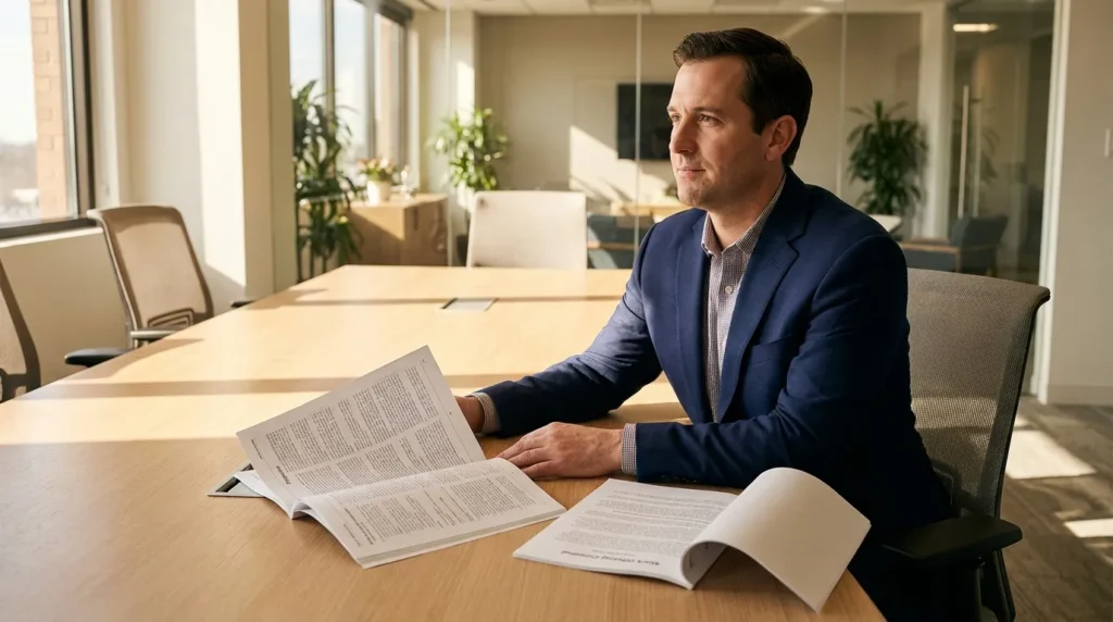 attorney seated at conference table reviewing Stock Offering Contract documents