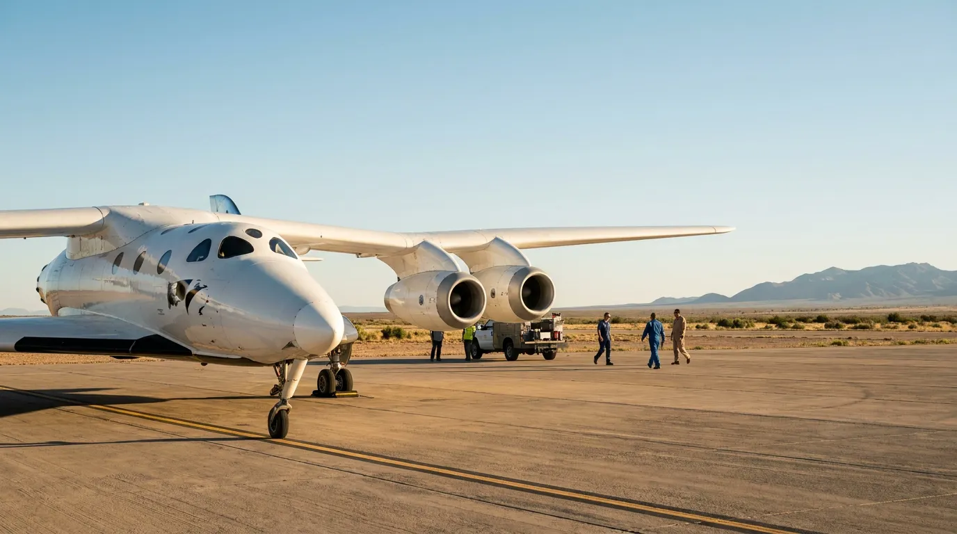 large twin-engine carrier aircraft on desert tarmac with ground crew walking nearby