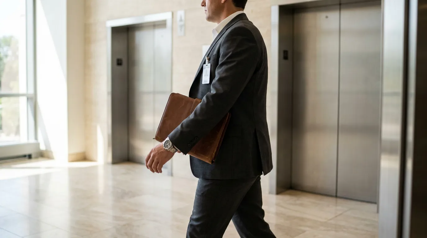 suited professional carrying leather portfolio walking past office building elevators