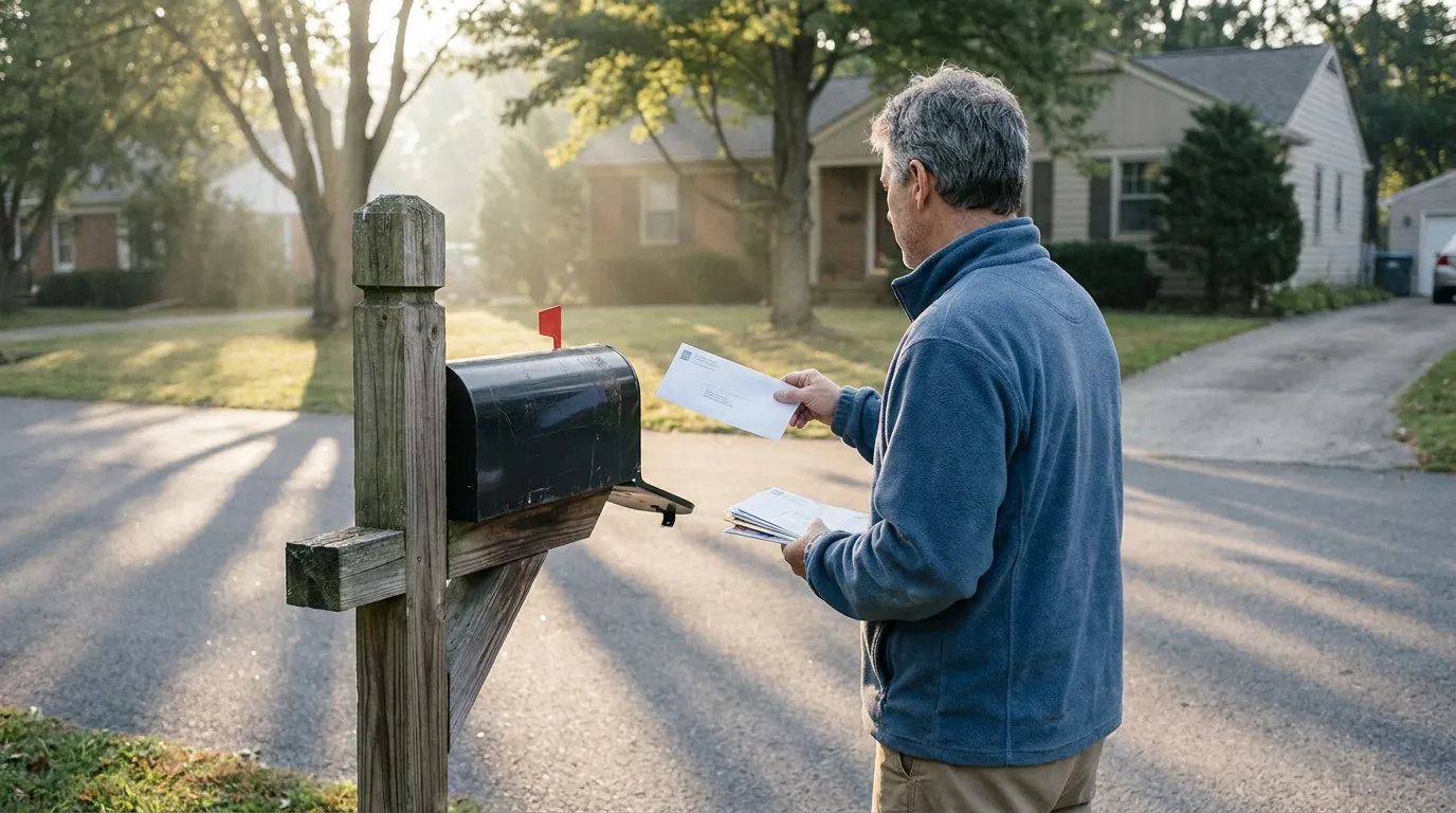 man retrieving envelopes from residential mailbox on suburban street