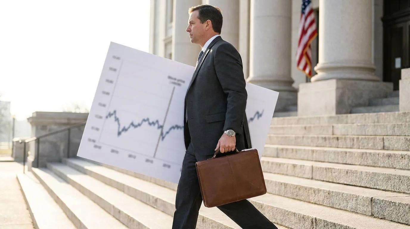 suited attorney carrying briefcase and stock price chart up courthouse steps